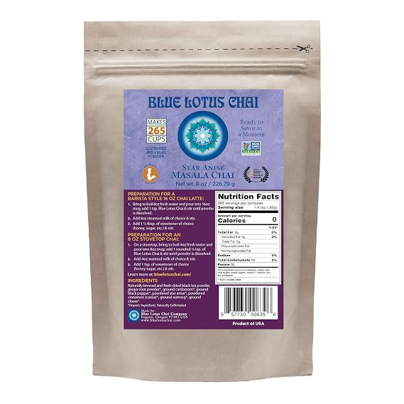 Blue Lotus Chai Star Anise Masala Chai - Makes 265 Cups Just Add Hot Water, No Steeping, No Gluten - 8 Ounce Masala Chai Powder with Organic Spices Authentic Indian Tea