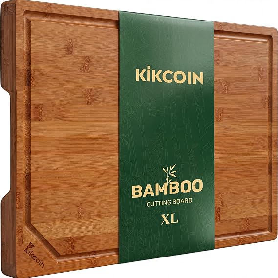 Kikcoin 1711 Deep-Carbonized Bamboo Cutting Boards for Kitchen, Healthy Wooden Cutting Boards for Kitchen, Charcuterie, Vegetables, Extra Large Chopping Boards with Deep Juice Groove and Handle