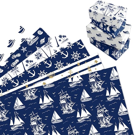 MORAINJAY 12 Sheets Nautical Wrapping Paper, Anchors Ships Gift Wrap, Maritime Gift Wrap Birthday, Wrapping Paper for Father Day, for Men Baby Shower Sailing Decorations 68x50cm