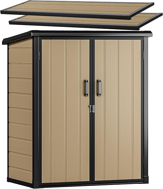 DWVO 51 cuft Outdoor Storage Shed with 2 Shelves, Weatherproof Vertical Tool Shed with Floor & Lockable Doors, Sturdy Double-Wall Plastic Cabinet for Garbage Cans and Garden Equipment (Brown)