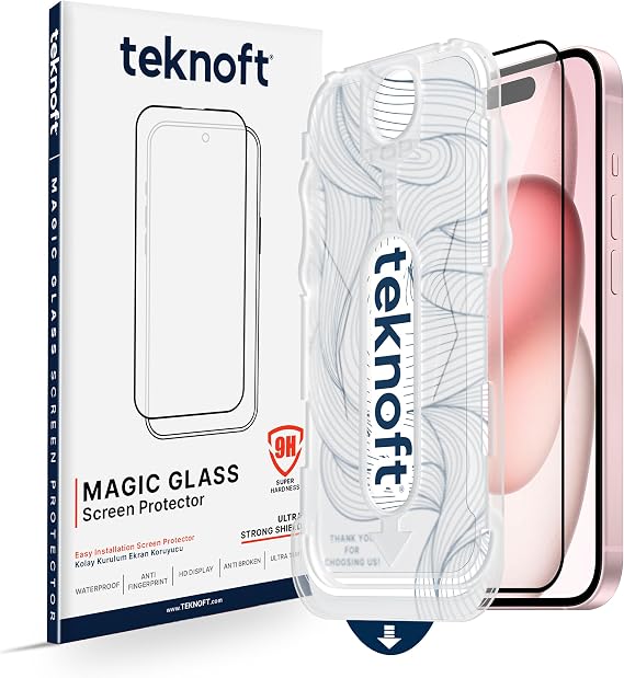 Teknoft iPhone 15 için Kolay Kurulum Kitli Takılırken Camın Altında Kesinlikle Toz Bırakmayan Ekstra Güçlendirilmiş Tam Koruma Sağlayan Pürüzsüz Lazer Kesim Premium Ekran Koruyucu Kırılmaz Cam