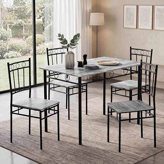 Vipbear Kitchen Dining Table Set for 4, 5-Piece Kitchen Table Set,Dining Room Table Sets,Rectangular Kitchen Table Set with 4 Chairs for Small Space, Dinette,Apartment,Retro Grey