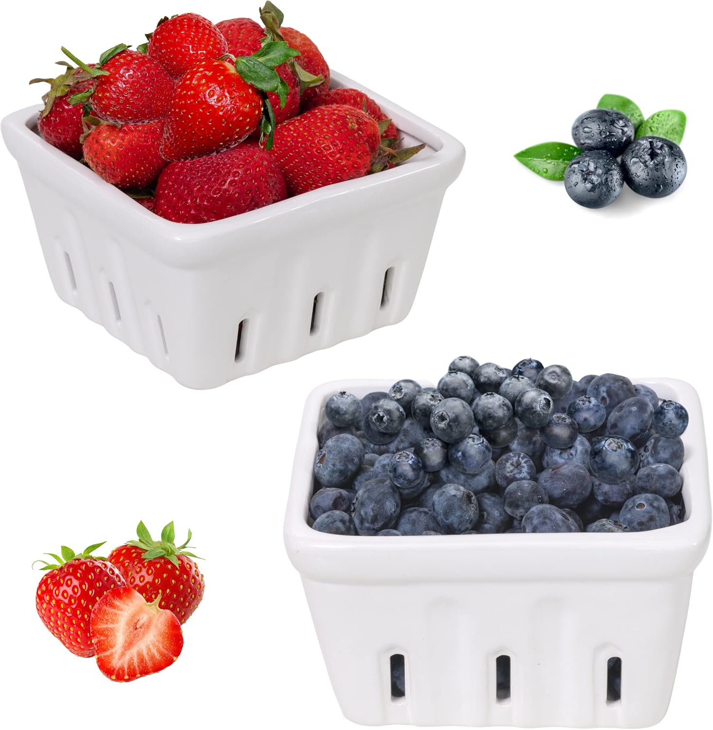 Zen People Ceramic Berry Basket | Reusable Stoneware Berry Bowls with Holes | Porcelain Fruit Colander | Strainer | Set of 2 Berry Boxes, White