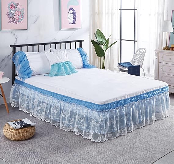 Extra Deep Fitted Bed Valance Sheet Single Double King Size Soft Breathable Easy Care Lace Embroidery Frilled Bed Skirt (Blue, 120x200x40cm)