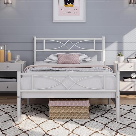 Yaheetech Twin Size Metal Bed Frame with Curved Headboard, White | Sturdy iron frame support, needs no box spring, assembles easily,spacious under-bed storage,classic design for your room