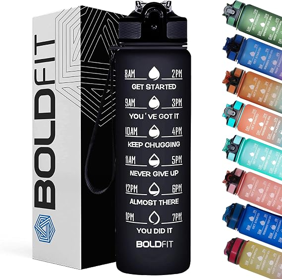 Boldfit Water Bottle,33.81 fl oz Sipper Bottle for Adults, motivational bottle with Straw & Time Marker, BPA-Free Reusable Water Bottle for Adults & Kids, Gym, Office, School & Home Black