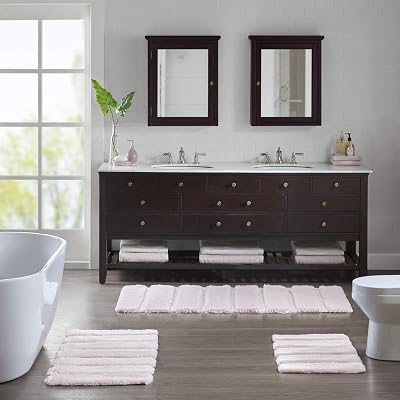 Madison Park Tufted Pearl Channel Absorbent Bathroom Rugs Non Slip Washable Bath Mat Shaggy Rugs for Bathroom Bedroom Plush Runner Rug Machine Wash Rubber Back Blush 24x58 1 Piece.