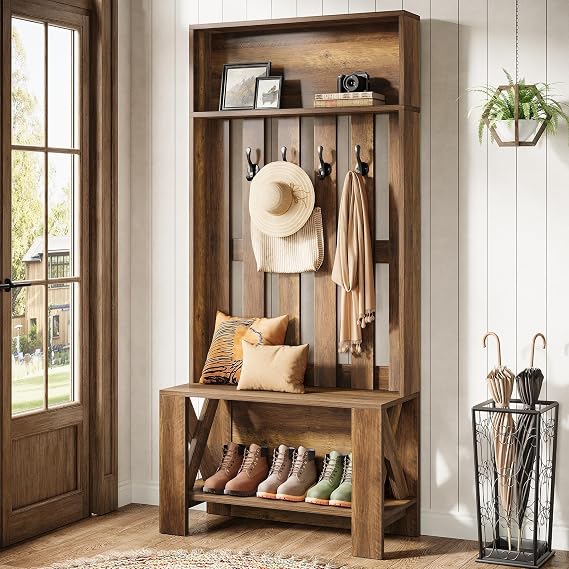Tribesigns Hall Tree with Bench & Entryway Coat Rack with Shoe Storage