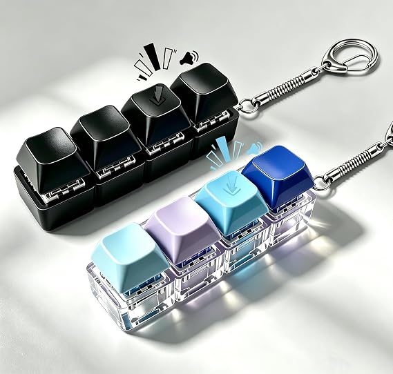 2Pcs Keyboard Keyring, Clicky Fidgets Keyring, 4-Button Keyboard Keychain, for Office, School