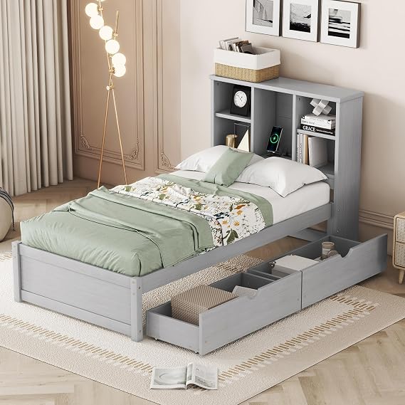 Twin Size Bed Frame with Bookcase Headboard & 2 Storage Drawers, No Box Spring Needed, Built-in USB Charging Port, Sturdy Rubberwood & Plywood Construction,Modern Design(Grey)