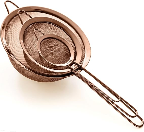 Premium 304 Stainless Steel Strainers with Fine Mesh - 8.5/14/20cm - Professional Quality - Kitchen Strainers (Pink Bronze)