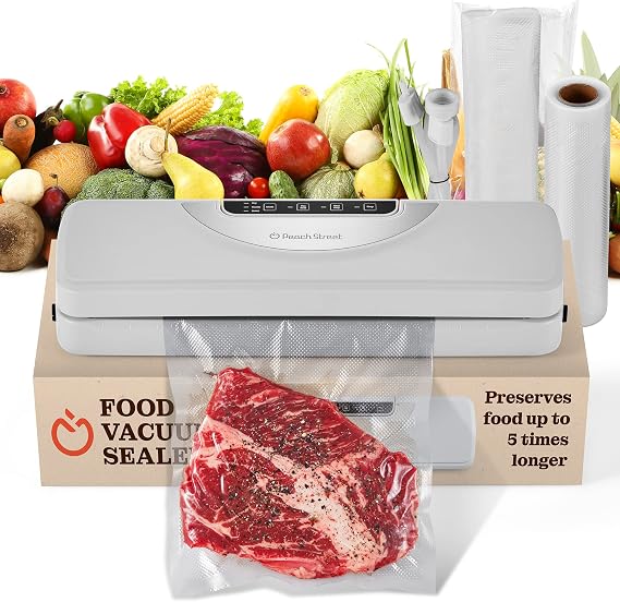 Superior Vacuum Sealer Machine, Food Sealer with Built-in Cutter with Dry, Gentle, Moist, Cycles. for Food Packing, Preservation, Sous-Vide, Starter Kit Includes 5 Bags 8x10", Roll 8x118", Sealer Hose