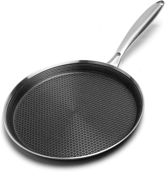 Innerwell Nonstick Crepe Pan 11inch Stainless Steel Crepe Pan Honeycomb Coating Flat Skillet Tawa Dosa Tortilla Pan,Omelet Pan with All Stove Tops Available, Induction Compatible | Honeycomb nonstick coating, PFOA-free.Compatible with All Stoves. Easy to clean.Oven Safe&Dishwasher Safe