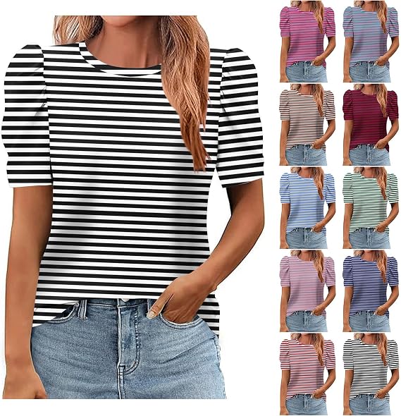 Womens Short Sleeve Tops Dressy Casual Summer Shirts Puff Sleeve Classic Polka Dot Blouse Trendy Tunic Floral Tees
