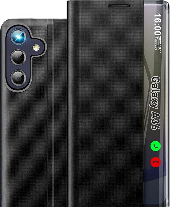 Phone Case for Samsung Galaxy A36 5G Case, Clear View Window Luxury Slim Mirror Galaxy A36 5G Phone Case with Kickstand, Leather Hard PC Flip Protective Cover for Samsung A36 5G Cases (Black)