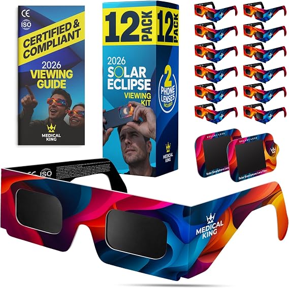 Medical King Solar Eclipse Glasses, Eclipse Glasses, Solar Eclipse Glasses ISO 12312-2 Certified, CE & ISO Approved 2026, Safe Shades, 12 Pack