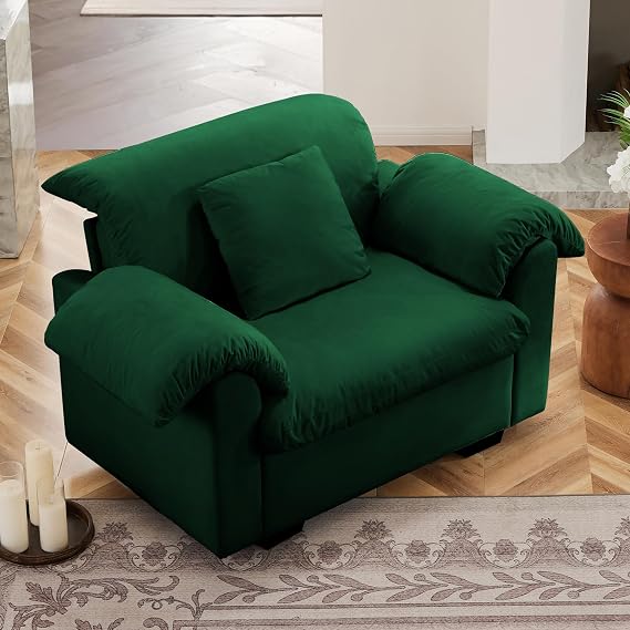 Accent Chair Oversized, 48.4'' Velvet Single Sofa Couch for Living Room, Comfy Upholstered Deep Armchair with Storage, Modern Large Lounge Chair for Bedroom, Apartment, Small Space, Green