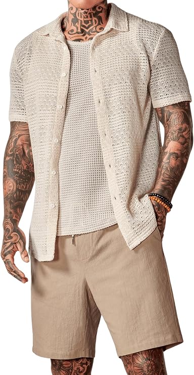 BEAUDRM Men's 3 Pieces Outfit Sleeveless Tank Top and Drawstring Waist Shorts Set with Button Down Shirt