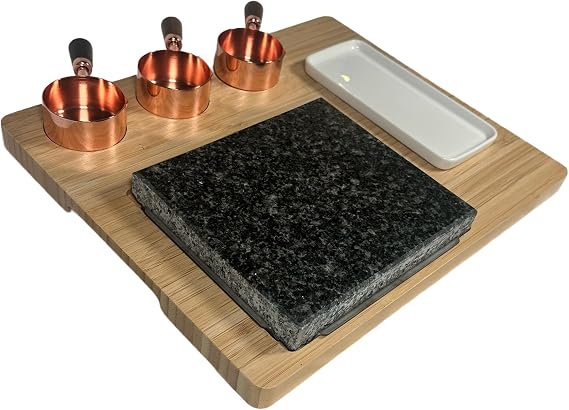 Natural Light Granite Stone Cooking Slab for Steak, BBQ & Hibachi, Bamboo Stone Griddle Set for Indoor Cooking