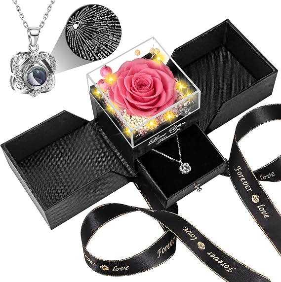 Lebana Preserved Pink Real Rose with Heart I Love You Necklace -Eternal Flowers Rose Birthday Gifts for Her Mom Wife Girlfriend Grandma on Valentines Mothers Day Christmas Anniversary Romantic-Pink