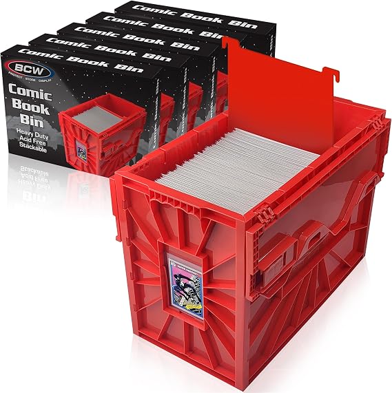 BCW Short Comic Book Bin | Holds 150 Comics | Stackable Plastic Storage | Acid-Free Organizer | Red, 5 Pack
