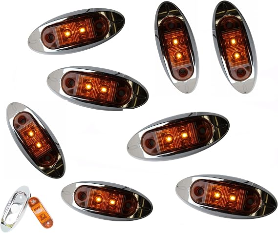 Set of 8 AutoSmart 2" KL-15114AE Amber Oval LED Clearance/Side Marker Light with Chrome Bezel for TRUCK TRAILER