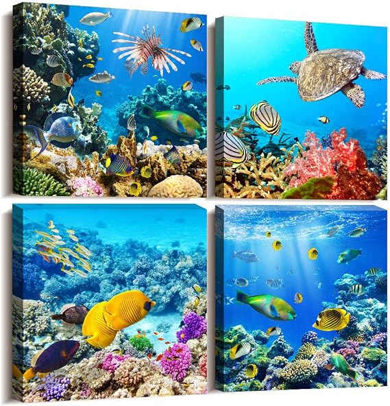 Bathroom Wall Decor Canvas Wall Art For Living Room Office Decor Modern Bedroom Home Decor 4 Panels Stretched And Framed Ready To Hang Blue Ocean Theme Sea Fish And Sea Turtles Undersea World Draw