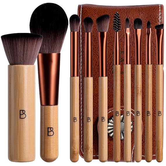 Travel Makeup Brush Set BS-MALL 10 Pcs Professional Bamboo -friendly Eyeshadow Brush, Concealer Brush & Foundation Brush For Liquid Makeup - Lightweight Multi-purpose Daily Use With Makeup Bag