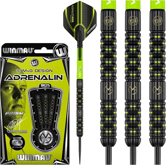 WINMAU Michael van Gerwen MvG Adrenalin Tungsten Steeltip Darts Set with Prism Flights and Vecta Shafts (Stems)
