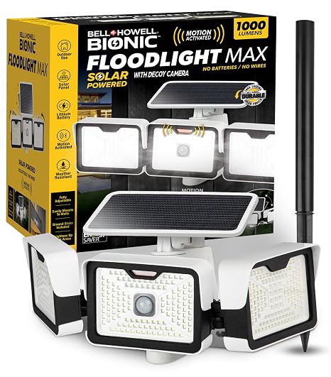Bionic Floodlight MAX - Solar Lights Outdoor Waterproof, 1000 Lumens Triple Head Motion Detector Sensor Outdoor Lights with Built-in Decoy Camera, Solar Security Wall Light, Adjustable, As Seen On TV