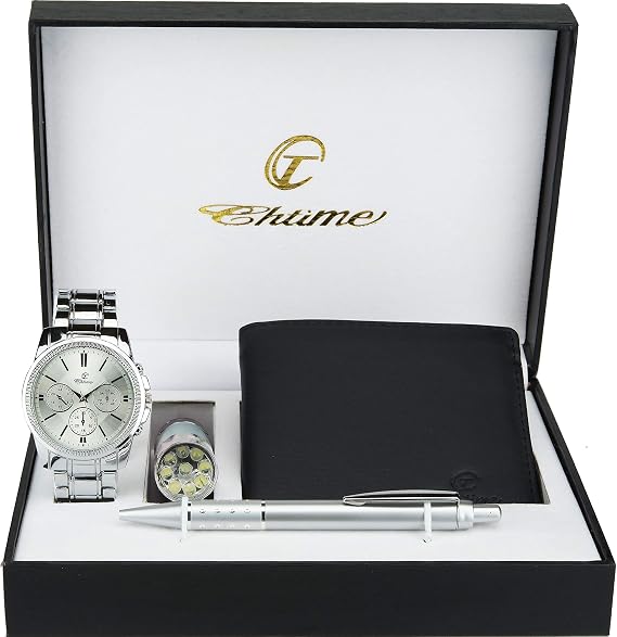 BELLOS Men's Watch Gift Box – LED Lamp – Wallet – Pen, Silver, 42, Bracelet, Silver, 42, Bracelet