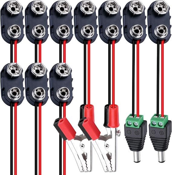 DAIERTEK 10pcs 9V Battery Connector 9 Volt Battery Snap Clip I Type with 2 Pairs of Alligator Clips and 2.1mm X 5.5mm DC Male Power Plug