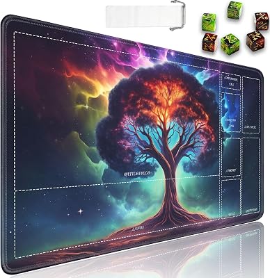 for MTG Playmat with Zones, 24 x 14 in Smooth Surface Card Game Playmat, for TCG Playmat with Storage Bag and 6 Dice, Cosmic Tree of Life 2 for MTG Mat Mouse Pad