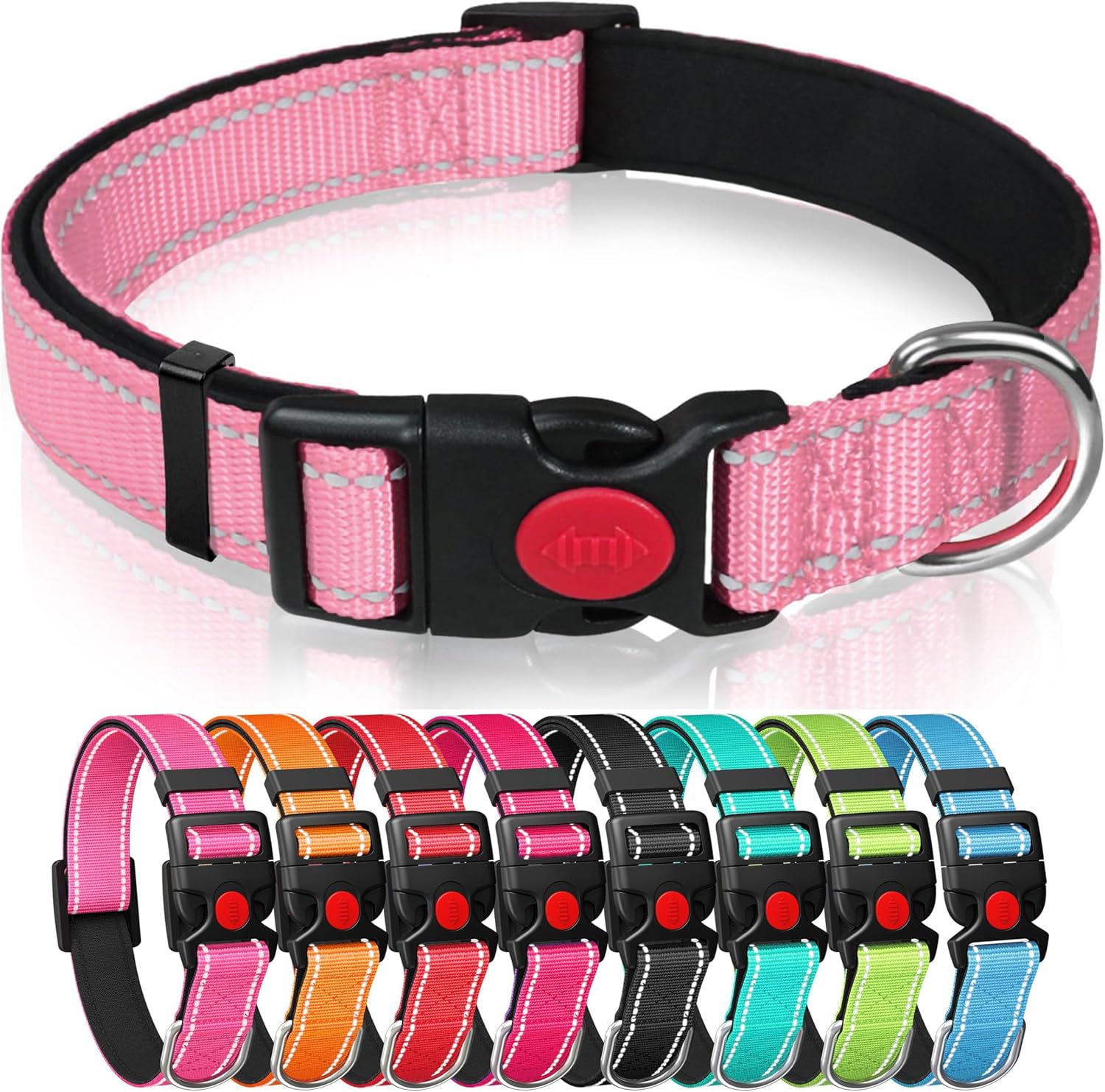 Reflective Nylon Dog Collar with Safety Buckle, Adjustable Pet Collars with Soft Neoprene Padding for Medium Dogs Pink, M