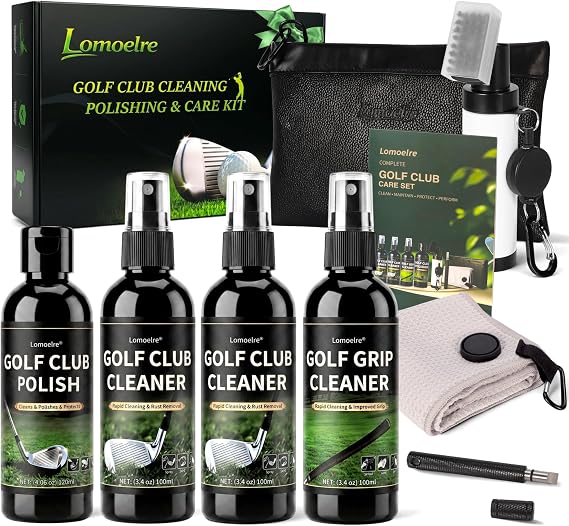 Pro Golf Club Care Kit Club Cleaner, Grip Cleaner, Polish, Brush, Groove Sharpener, Microfiber Towel & Portable Leather Bag Instant Rust, Scuff & Stain Essentials Golf Accessories/Gifts for Men