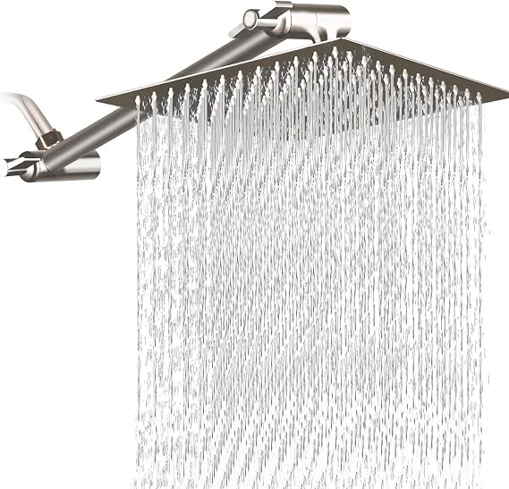 12 Inch Square Rain Showerhead with 11 Inch Adjustable Extension Arm,Large Stainless Steel High Pressure Shower Head,Ultra Thin Rainfall Bath Shower with Easy to Clean and Install-Brushed Nickel