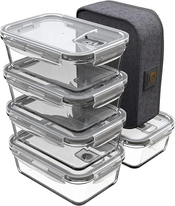 GENICOOK Bento Lunch Box with Lunch Bag/Food Storage Containers Glass Perfect for Meal Prep - BPA and LFGB Approved for Home Kitchen or Use on the Go (5 x 840 ml)