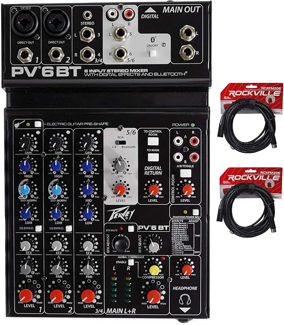 Peavey PV 6BT PV6BT Mixer, 2 Mic In, Bluetooth/USB/Compressor/FX+(2) XLR Cables