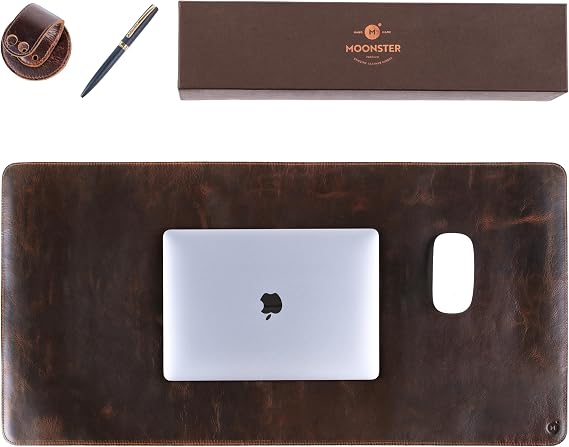 moonster 100% Full Grain Buffalo Leather Desk Pad with Ballpoint Pen & Pen Holder 31 x 16 in Office Desk Mat, Large Mouse Pad, Non-Slip Desk Blotter, Laptop Table Protector, Desk Cover for Work
