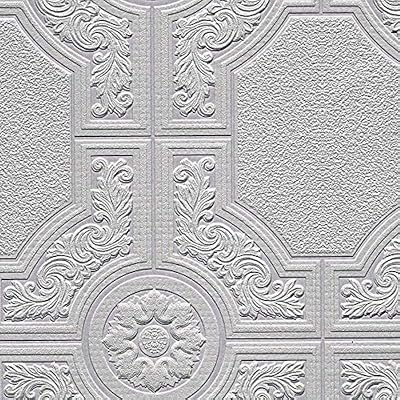 Manhattan Comfort Brooklyn Series Vinyl Textured Paintable Floral Square Design Large Wallpaper Roll, 21 W x 33 L, White