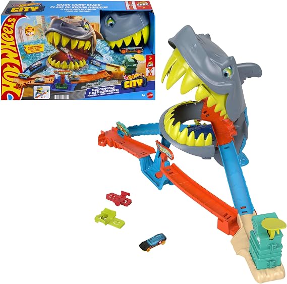 ​Hot Wheels City Shark Chomp Beach Playset & 1:64 Scale Toy Car | 1:64 Scale Die-Cast Vehicle & Track Set, 2 Ways to Play, Knock Out the Shark or Get Eaten, JHL96