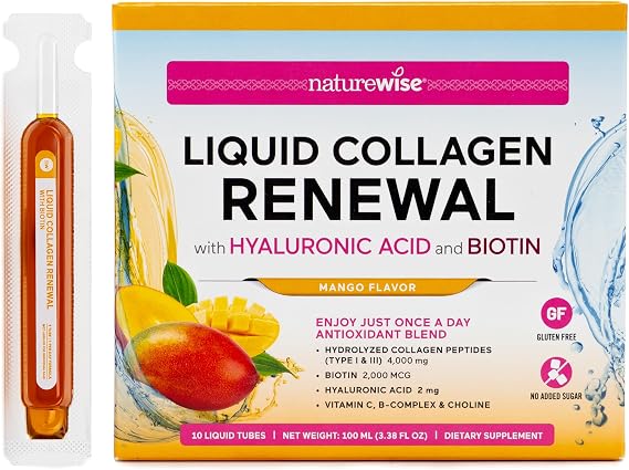 NatureWise Hydrolyzed Liquid Collagen for Women & Men 4000mg - No Added Sugar - Multi Collagen Peptides + Biotin + Vitamin C + Vitamin B Complex & Hyaluronic Acid - Mango - 10 Tubes[10 Day Supply]