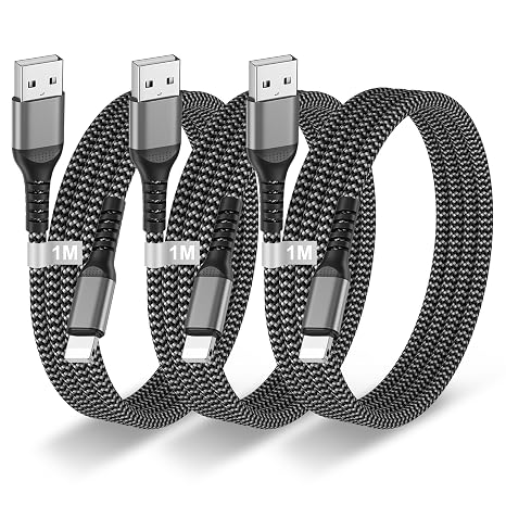 3 Pack Lightning Cable USB for iPhone 1M MFi Certified iPhone Charging Cable Nylon Charging Cable Lightning Charger Cable for iPhone 14/13/12/11/Pro/XS/XS Max/XR/X/8 Plus/7/6/5/SE/iPad/Airpods