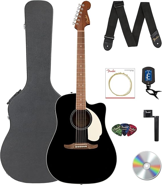 Fender California Standard Redondo CE Acoustic-Electric Guitar - Black Bundle with Case, Tuner, Strap, Strings, String Winder, Picks, and Austin Bazaar Instructional DVD