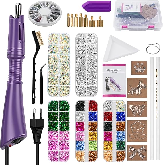 Hotfix Applicator Tool and Kit Bedazzler with 8600 Rhinestones, 6 Tips, Templates, Fabric Case, Leather, Clothing Design DIY Shining