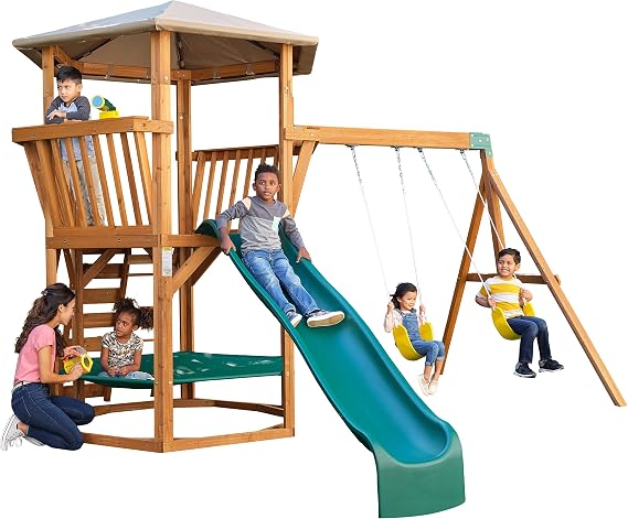 KidKraft Jungle Journey Wooden Outdoor Swing Set/Playset with Swings, Slide, Rock Wall and Observation Deck