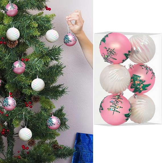 6 Pcs 3.15 Inch Christmas Ball Ornaments Glittering Plastic Hanging Decorations Swirl Candy Peppermint Red and Green Christmas Tree Balls Pendants for Xmas Tree Decoration(Pink)