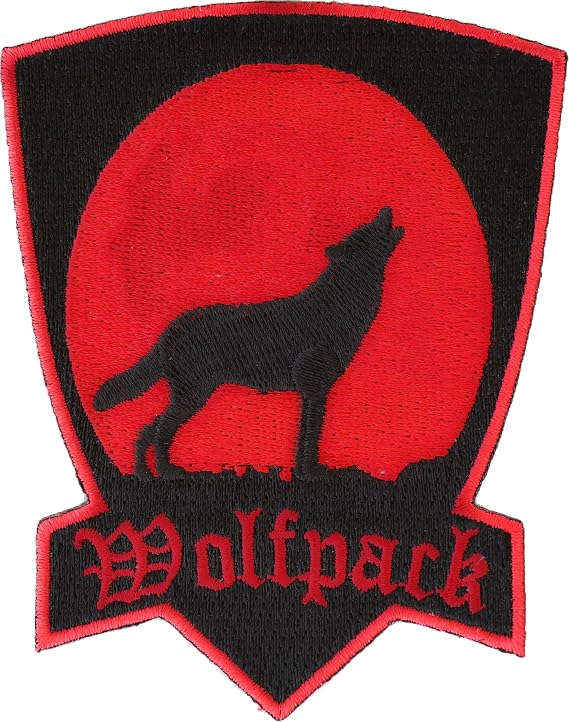 Wolfpack Patch in Red with Howling Moon - 3x4 inch. Embroidered Iron on Patch (P4296)