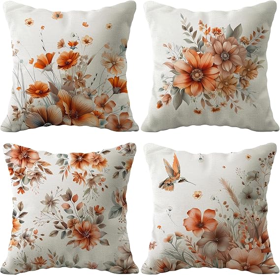 Fall Floral Throw Pillow Covers 18 x 18 Inch Autumn Garden Flowers Hummingbird Decorative Pillows Outdoor Cushion Cases for Couch Sofa Home Decor Set of 4