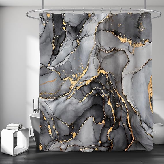 Black Grey Marble Modern Abstract Shower Curtains for Bathroom, 72x72